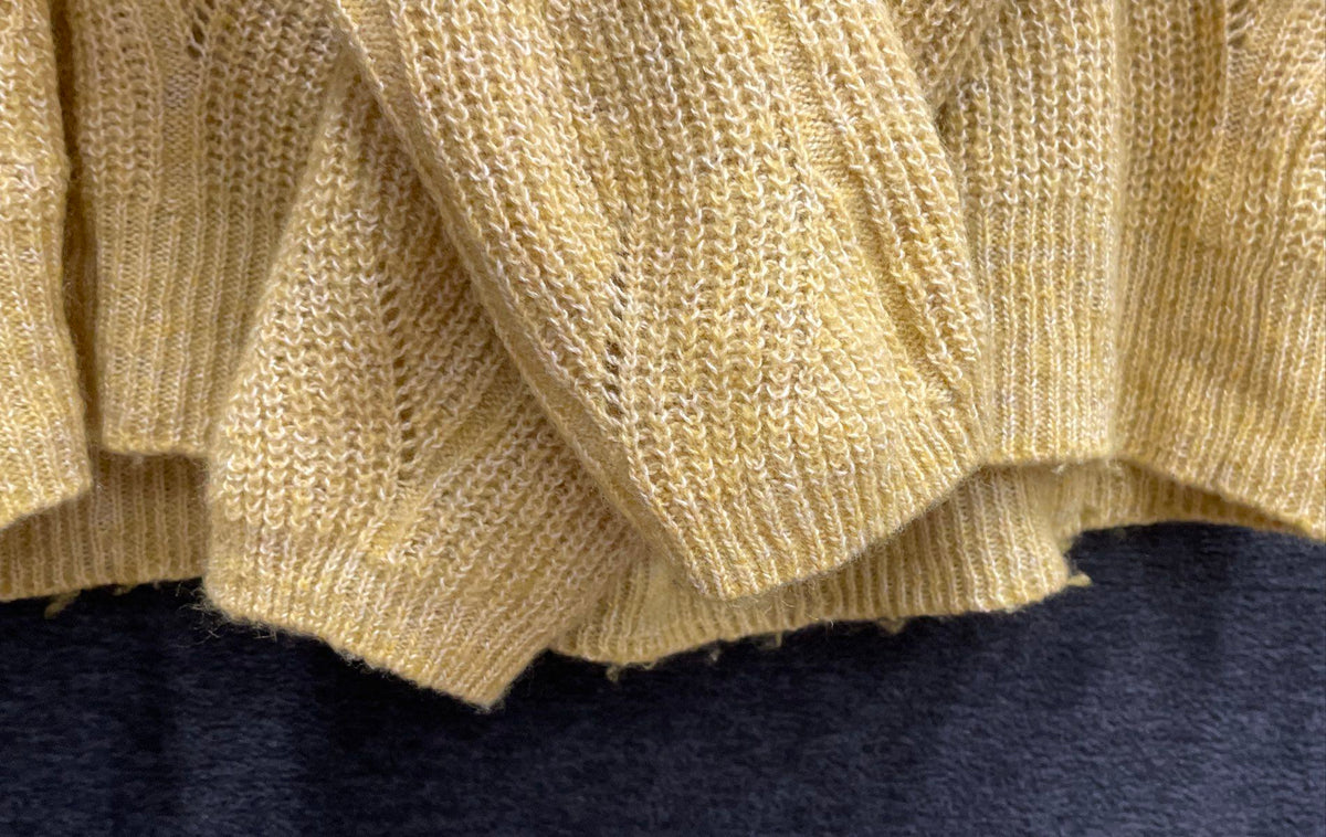 Anthropologie Women's Mustard Yellow Leaf Pointelle Knit Pullover Sweater Sz S