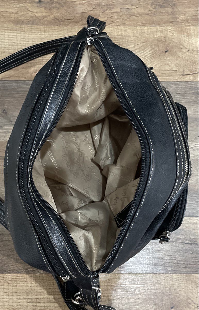 Tignanello Black Leather Multi Pocket Crossbody Bag Silver Hardware