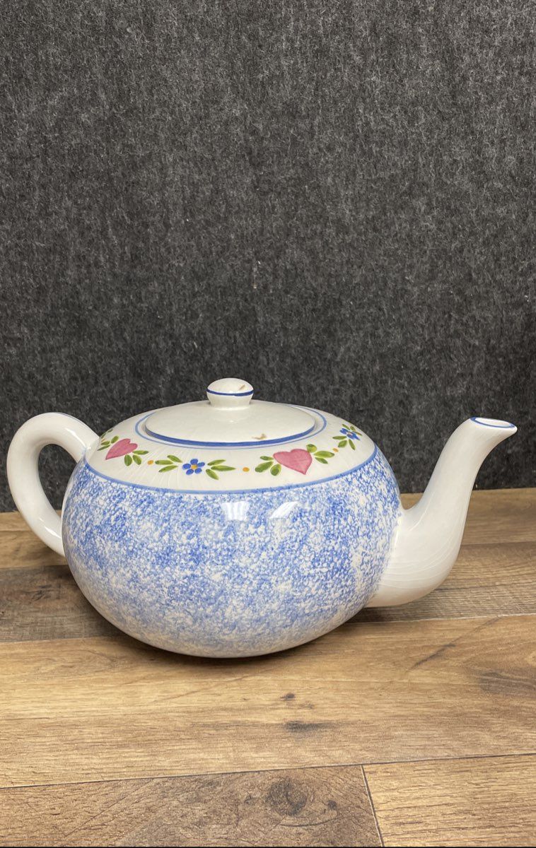 R.B. Bernarda Blue Spongeware Heart Floral Teapot Portugal Vintage Earthenware