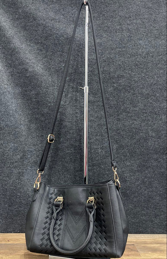 Black Leather Woven Detail Satchel Shoulder Bag Crossbody Gold Hardware