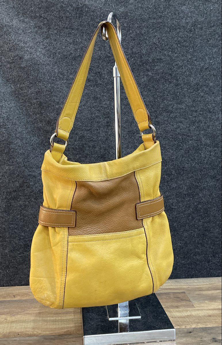 Tignanello Yellow Pebbled Leather Hobo Shoulder Bag Brown Trim Buckle