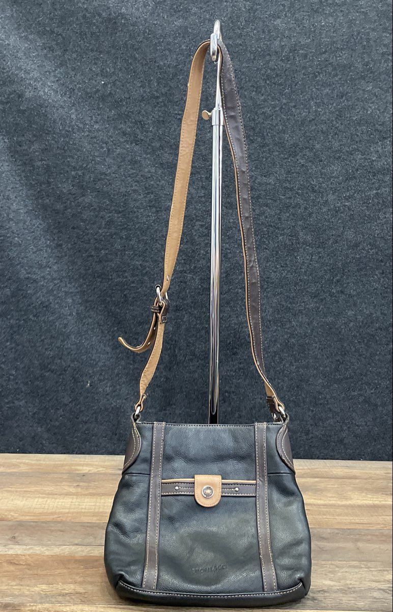 Stone & Co Black Pebbled Leather Crossbody Shoulder Bag Brown Trim