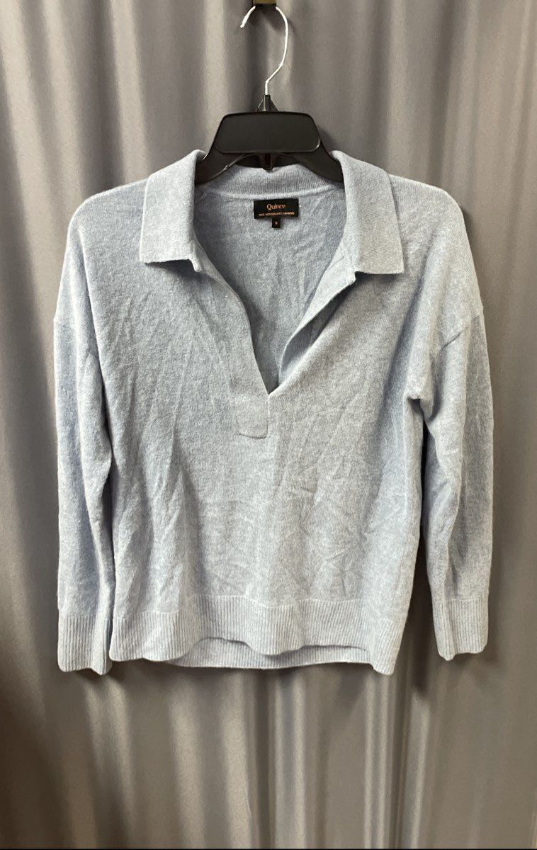 Quince Women's Mongolian Cashmere Polo Sweater Blue V-Neck Long Sleeve Sz S