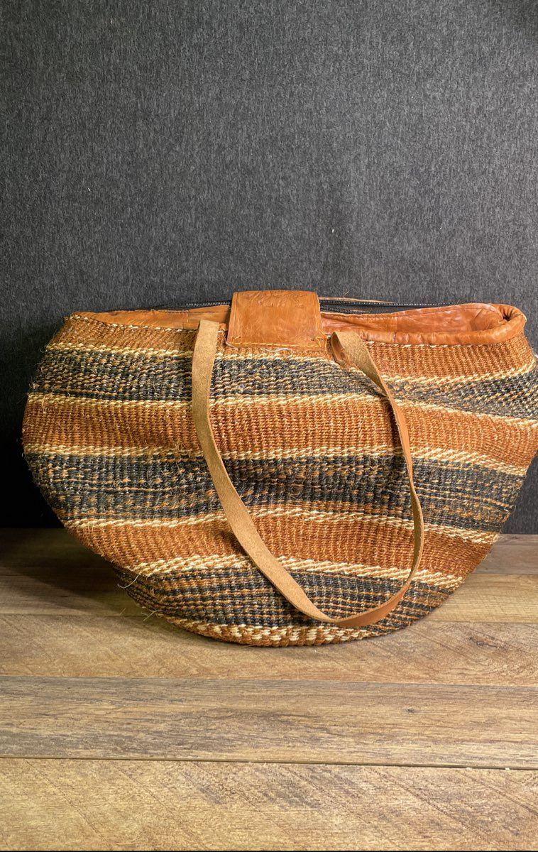 Vintage African Kenya Sisal Straw Woven Tote Bag Striped Leather Trim Large