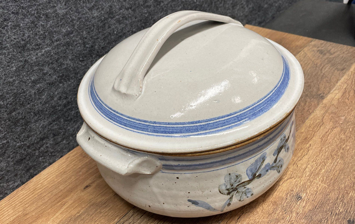 Vintage Studio Art Pottery Casserole Dish Lidded Stoneware Blue Floral Signed