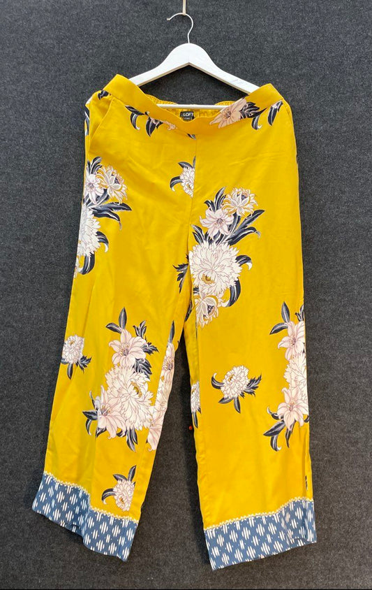 LOFT Women's Yellow Wide Leg Floral Print Border Hem Trousers NWT Size M