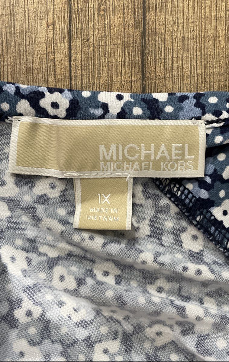 Michael Kors Women's Blue Floral Cap Sleeve A-Line Gathered Neck Dress Size 1X