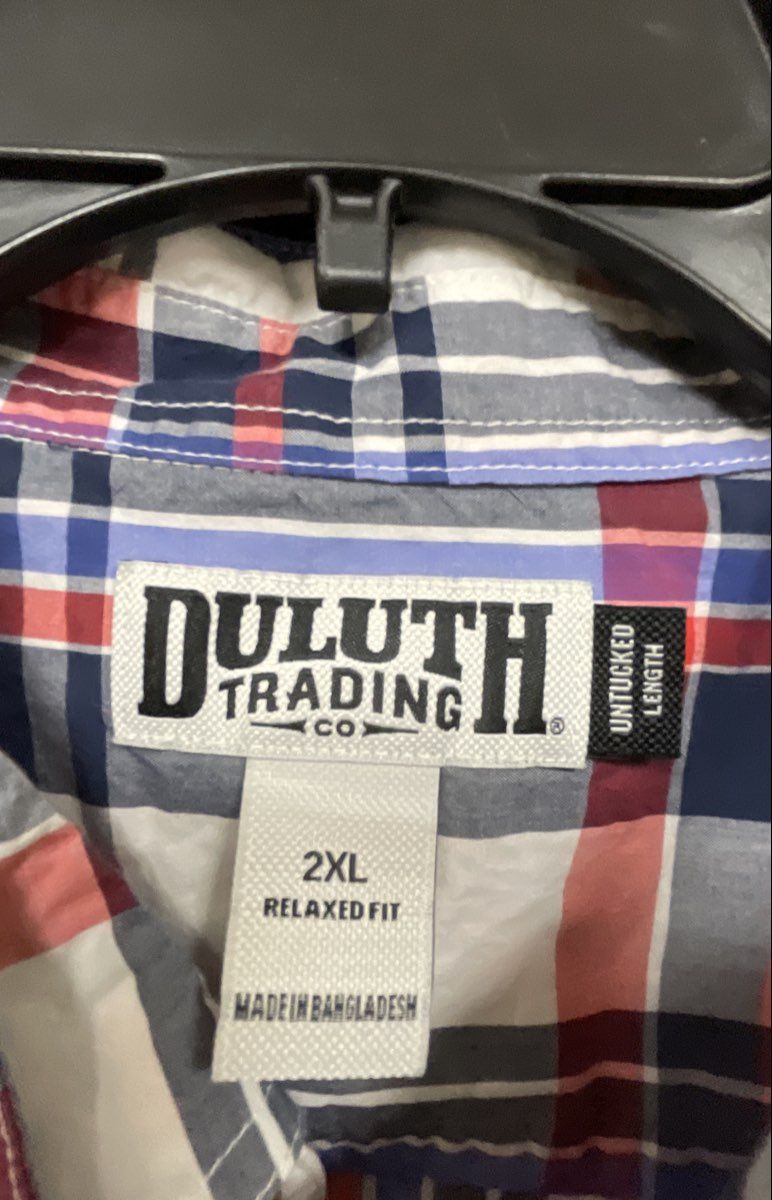 Duluth Trading Co Men's Red White Blue Plaid Short Sleeve Untucked Shirt Sz 2XL