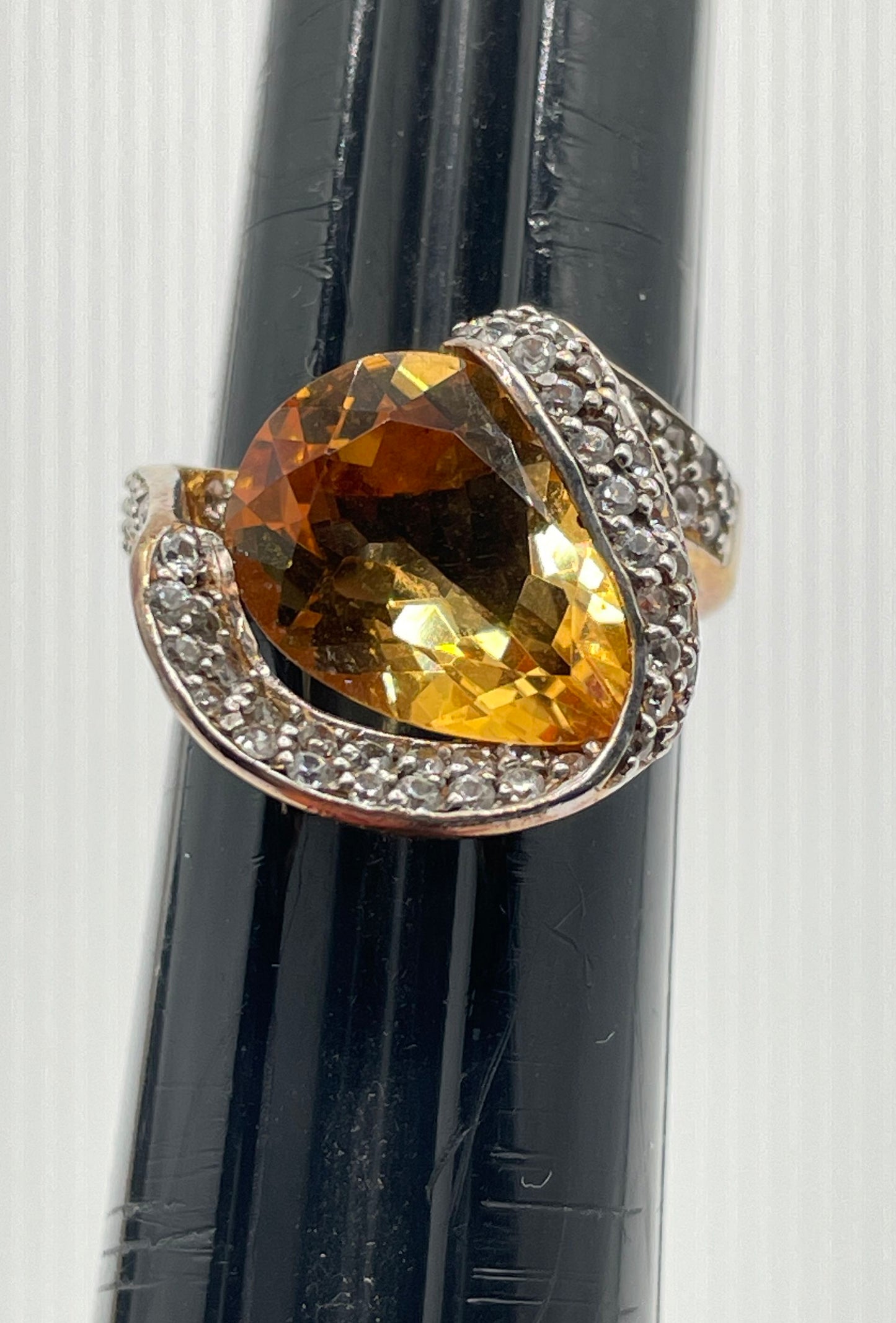 Gold Plated 925 Sterling Silver Pear Cut Citrine Cocktail Ring 9.4g