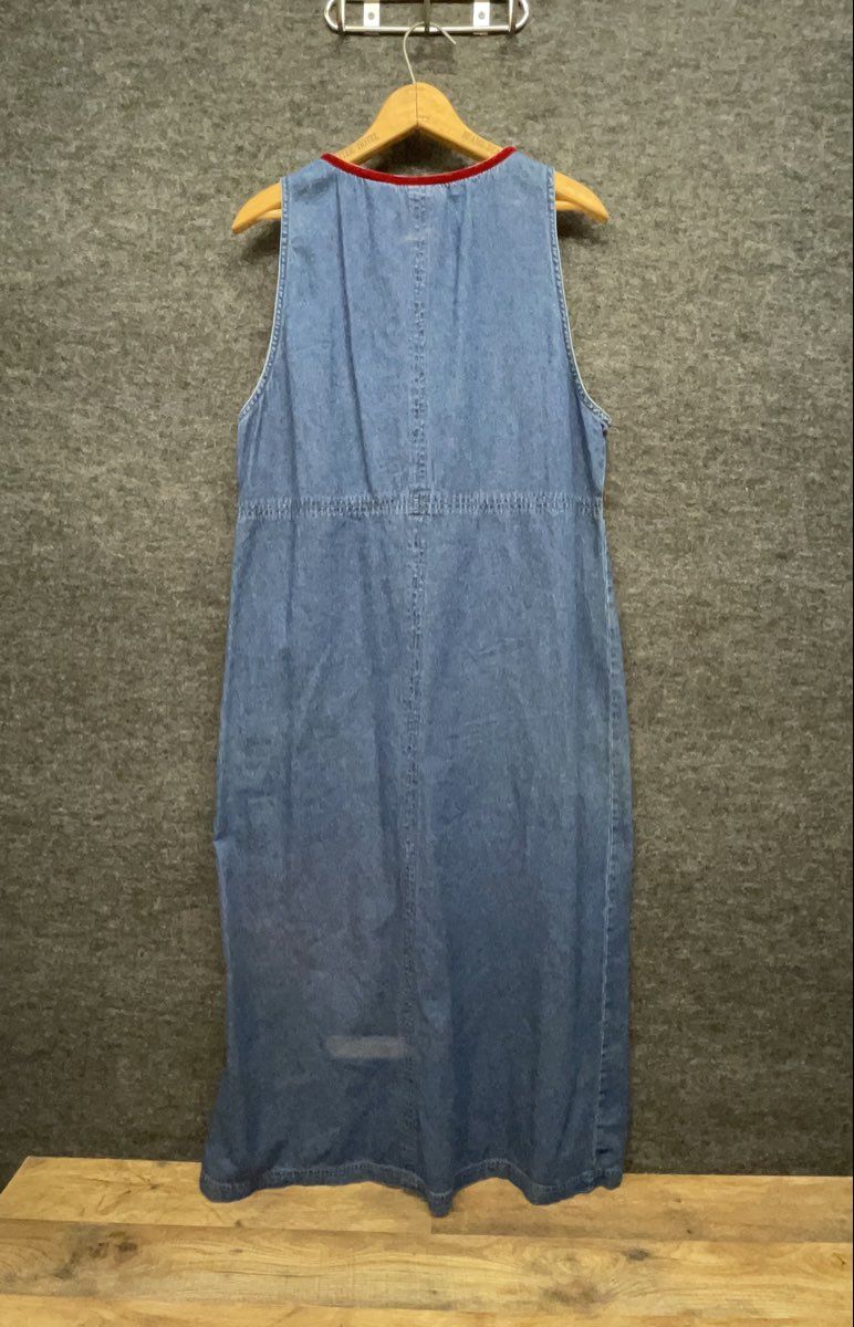 Erika & Co Women's Vintage 90s Denim Maxi Jumper Dress Blue Floral Red Trim Sz M