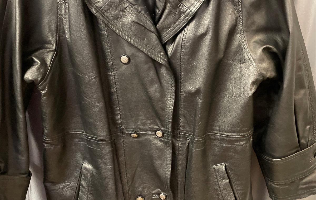 Vintage 90s Comint Women's Black Leather Hooded Double Breasted Jacket Sz M