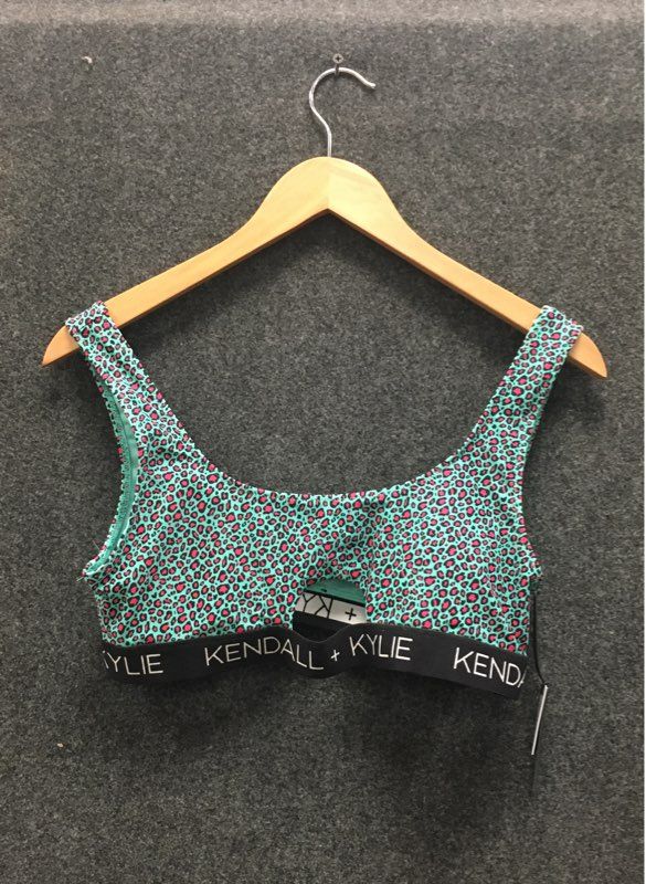 Kendall & Kylie Women's Bikini Top Teal Pink Peekaboo Leopard Print Sz L NWT