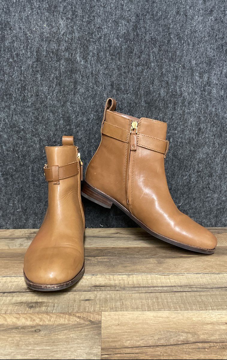 Lauren Ralph Lauren Briele Tan Burnished Leather Ankle Booties Size 8.5