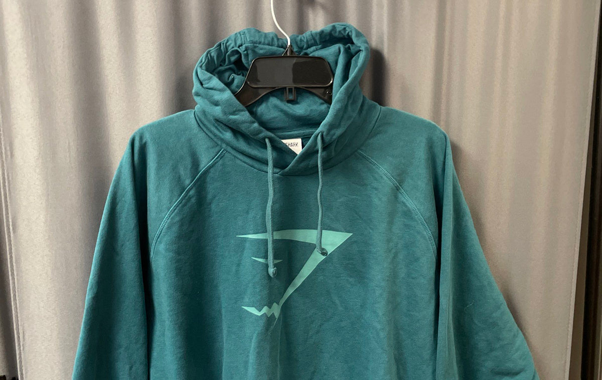 Gymshark Men's Teal Pullover Hoodie Shark Logo Graphic Sweatshirt Sz XXL
