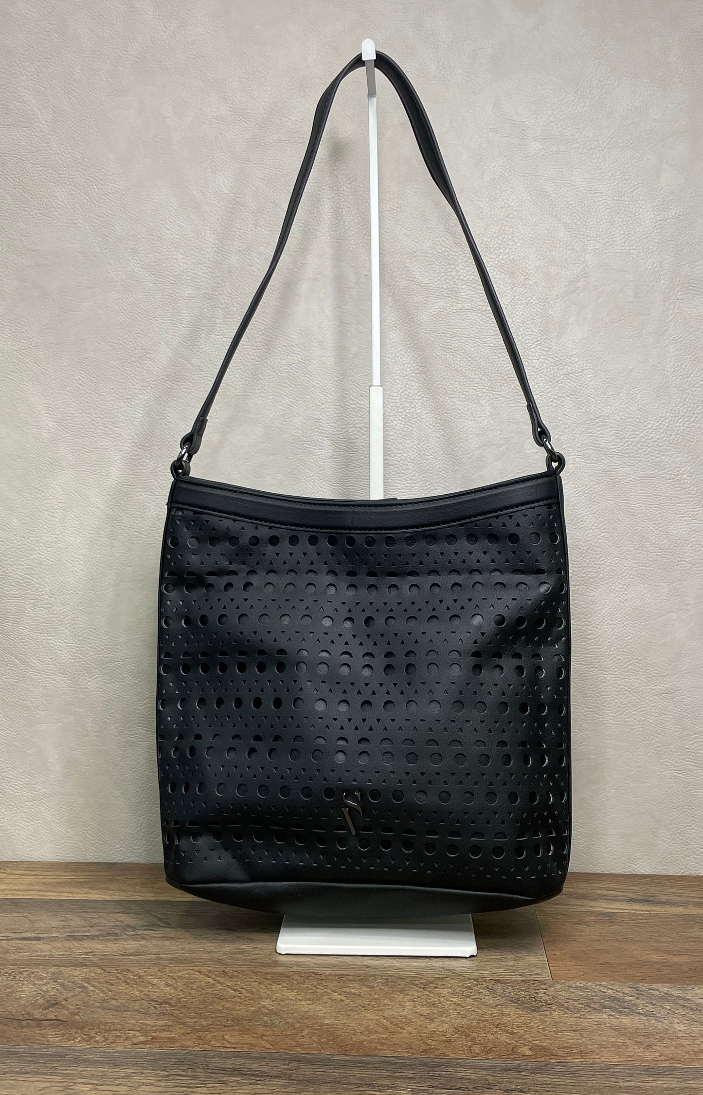 Simply Vera Vera Wang Black Leather Perforated Laser Cut Shoulder Bag Tote