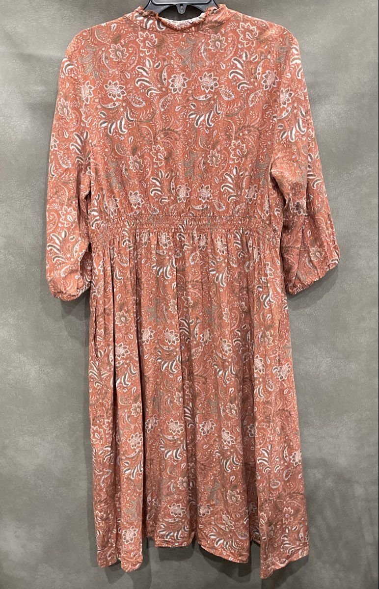 J. Jill Women's Pink Terracotta Floral Paisley Rayon Ruffle Neck Dress Sz L