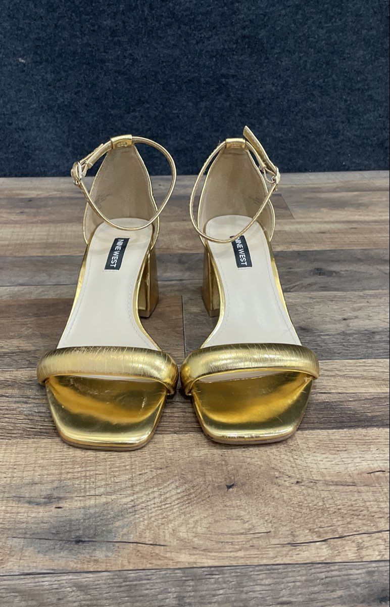 Nine West Gold Metallic Ankle Strap Block Heel Square Toe Sandals Size 7M