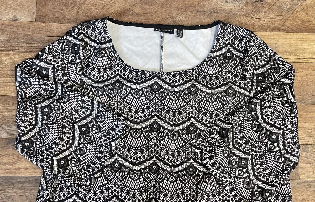 Nina Leonard Women's Black & White Lace Print Scalloped Dress Sz 2X