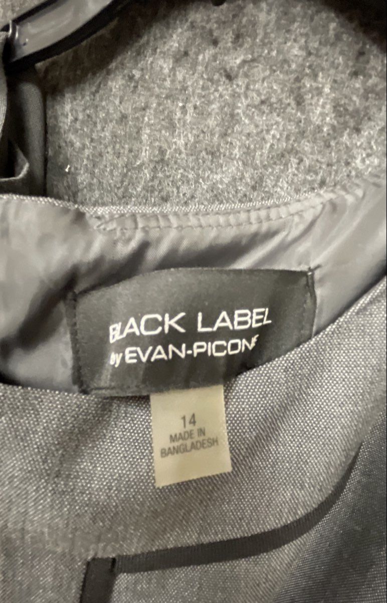Black Label by Evan-Picone Women's Grey Sheath Dress Black Piping Trim Sz 14