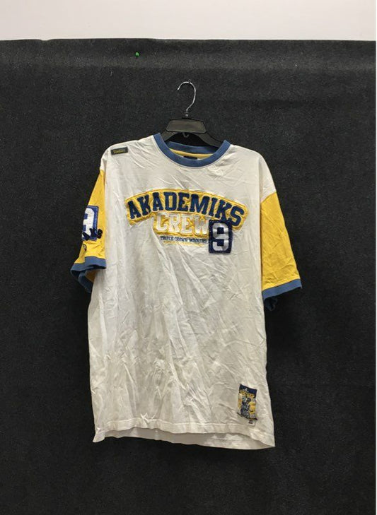Vintage Y2K Akademiks Men's Rugby Jersey T-Shirt White Yellow Blue Crew 9 Sz L