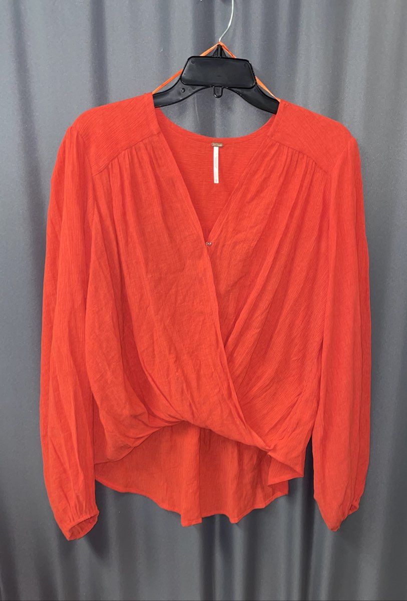 Free People Women's Orange Textured Surplice Crossover Long Sleeve Blouse Sz S