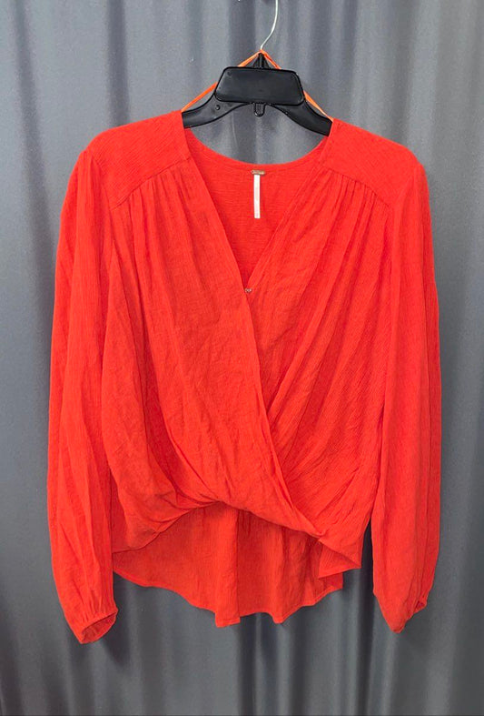 Free People Women's Orange Textured Surplice Crossover Long Sleeve Blouse Sz S