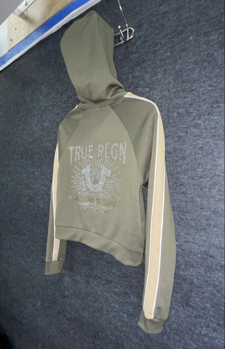True Religion Women's Olive Green Rhinestone Cropped Full Zip Hoodie Sz S