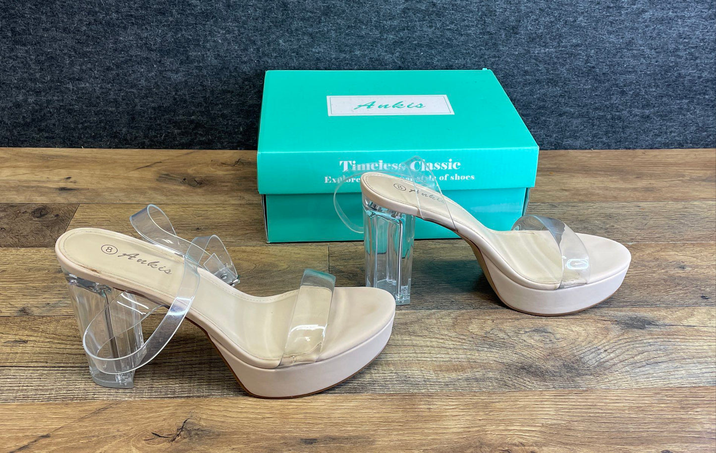 Ankis Clear Lucite Strappy Platform Block Heel Sandals Nude Womens Size 8