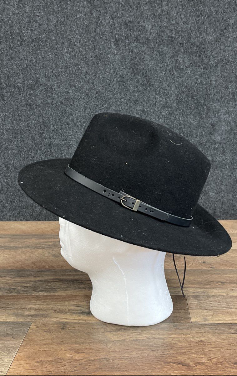 Gelso Bianco Unisex Black Felt Fedora Hat Wide Brim Belted Made in Italy