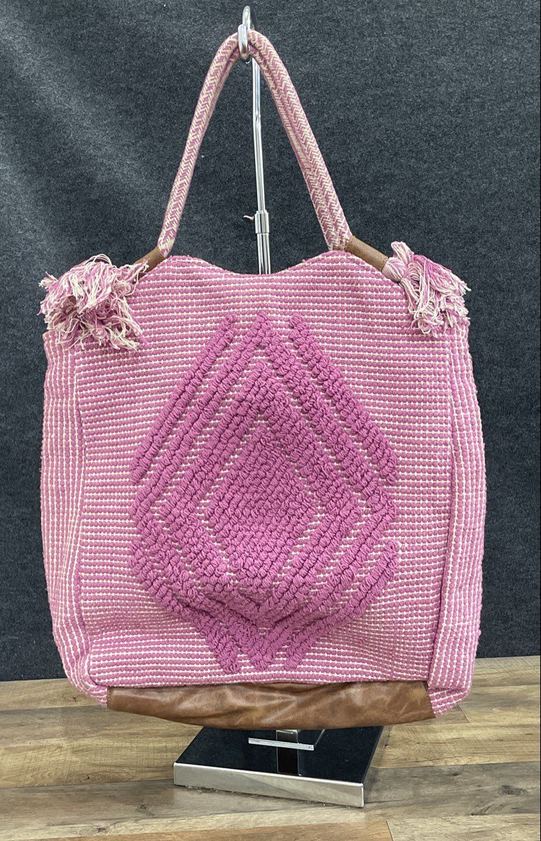 Nadia B Pink Woven Handcrafted Diamond Pattern Tote Bag Large Tassels
