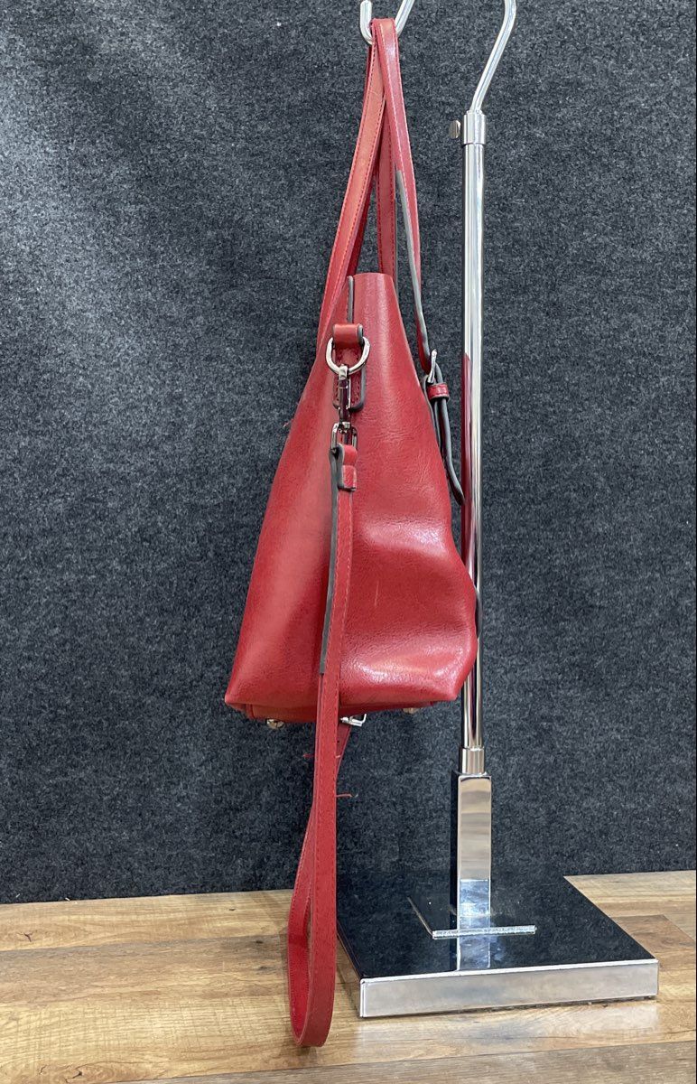 Red Leather Tote Bag Large Double Handle Removable Crossbody Strap