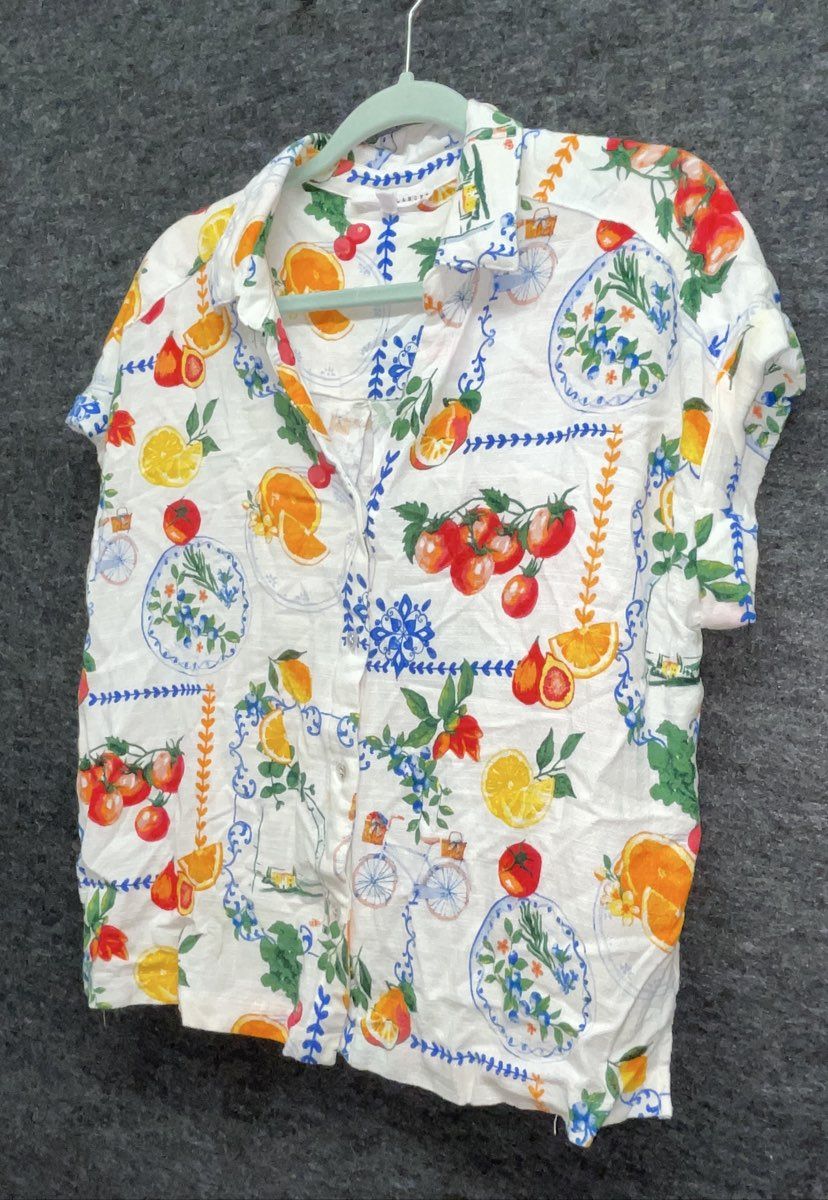Jane + Delancey Women's Fruit Print Rayon Linen Button Down Blouse Sz L
