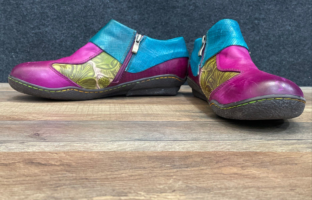 Socofy Multi-Color Floral Leather Ankle Boots Side Zip Flower Accents Size 41