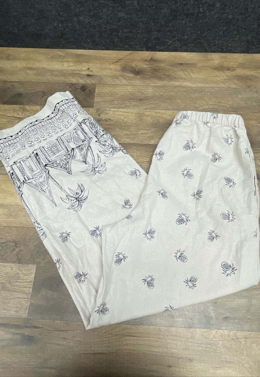 Coldwater Creek Women's Cream Tropical Pineapple Beach Print Linen Blend Pants M