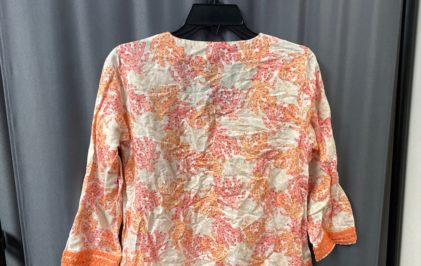 J. Jill Women's Coral V-Neck Top Sea Coral Print Linen Cotton Crochet Trim XS