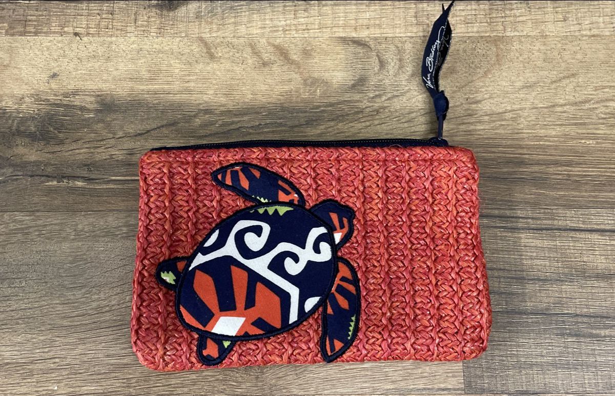 Vera Bradley Pink Woven Straw Sea Turtle Coin Purse Pouch Zip Closure