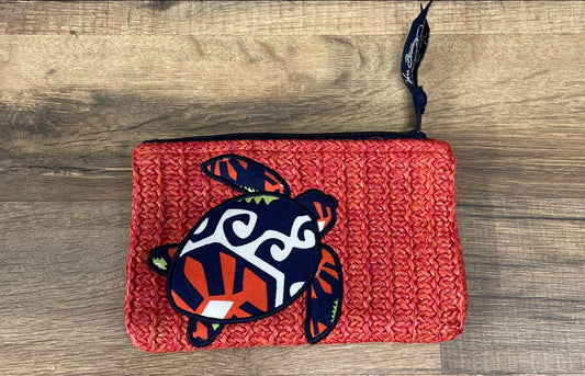 Vera Bradley Pink Woven Straw Sea Turtle Coin Purse Pouch Zip Closure