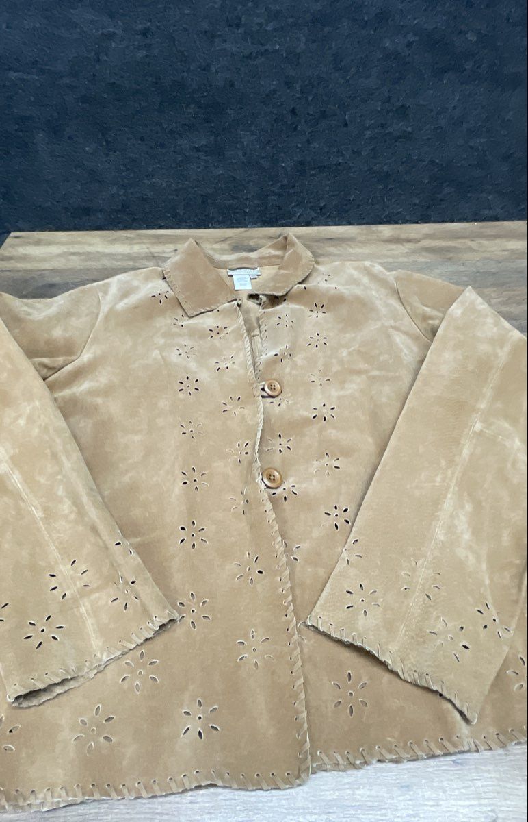Vintage Coldwater Creek Women's Tan Leather Perforated Floral Jacket Sz L