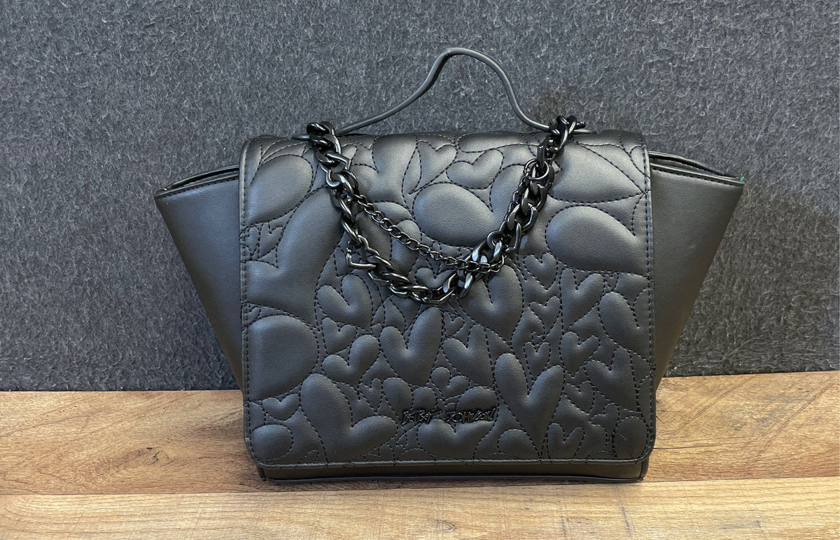 Betsey Johnson Black Quilted Heart Satchel Crossbody Handbag Black Chain Accent