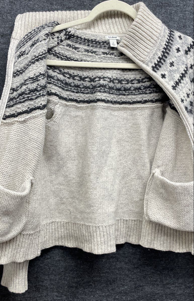 L.L. Bean Women's Fair Isle Full Zip Sweater Cardigan Cream Nordic Yoke Sz S