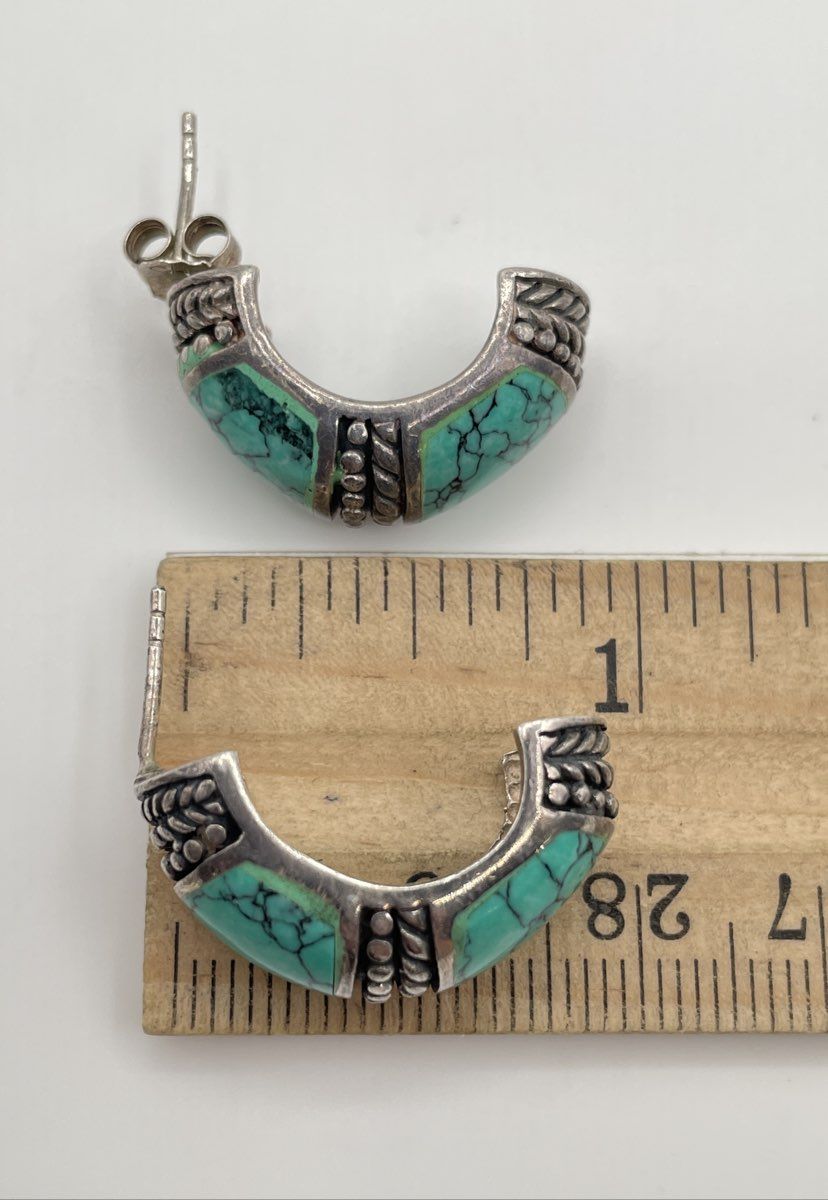 925 Sterling Silver Faux Turquoise Inlay Half-Hoop Earrings 10.5g