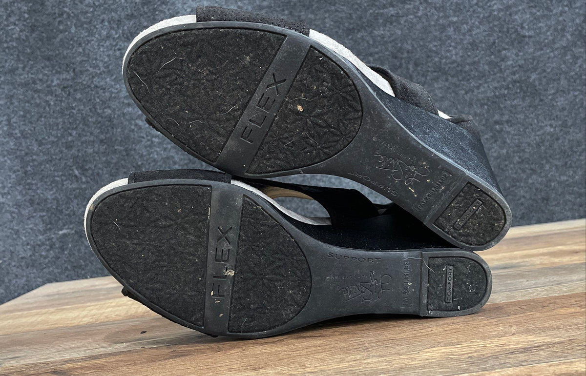 Life Stride Soft System Black Perforated Peep Toe Wedge Sandals Size 7.5M