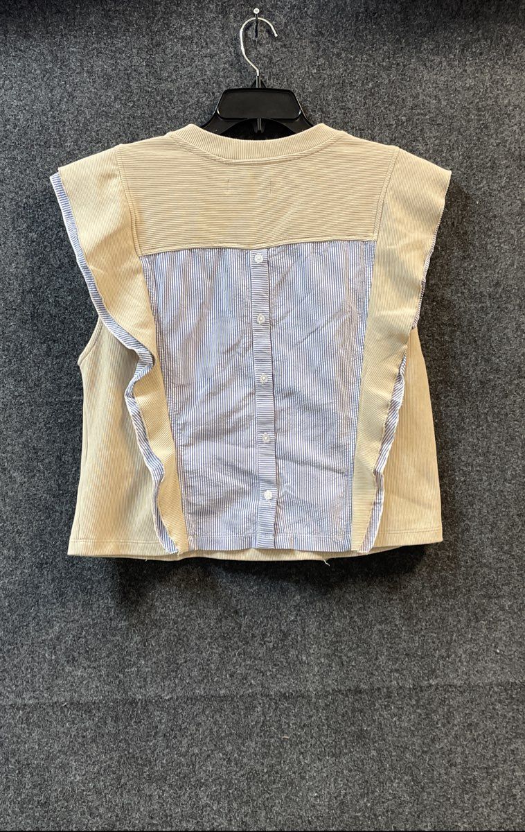 Anthropologie Women's Ruffle Sleeveless Top Beige Blue Striped Button Back Sz L