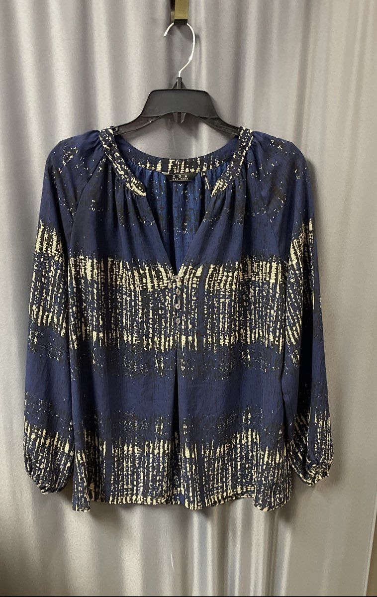 ZOA New York Women's Blue Abstract Print Button V-Neck Long Sleeve Blouse Sz M