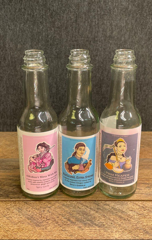 Set Of 3 Vintage Styled "Spicy Girls" Hot Sauce Glass Bottles