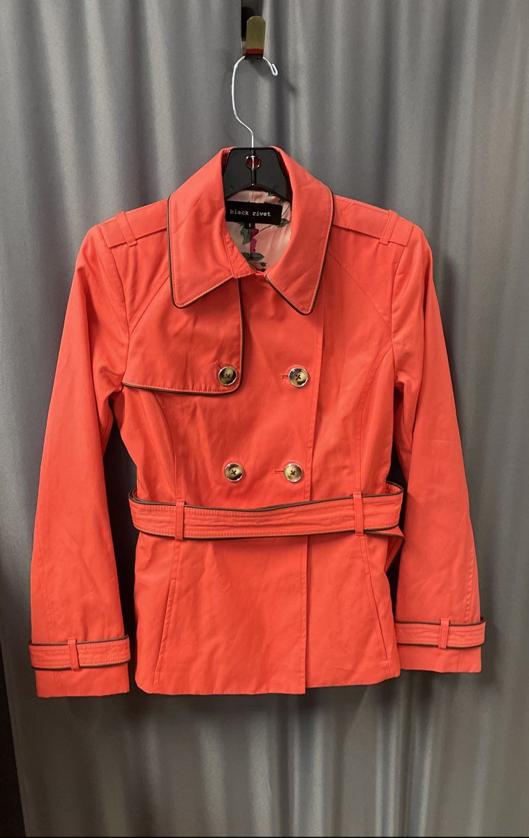 Black Rivet Women's Red Orange Double Breasted Belted Trench Jacket Sz S
