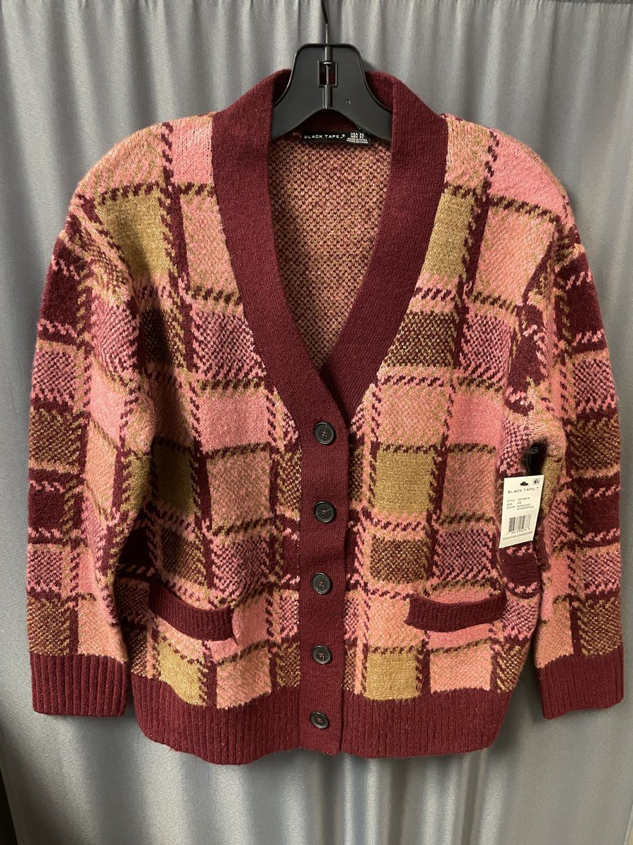 Black Tape Women's Burgundy Pink Plaid Windowpane Sweater Cardigan NWT Sz XS