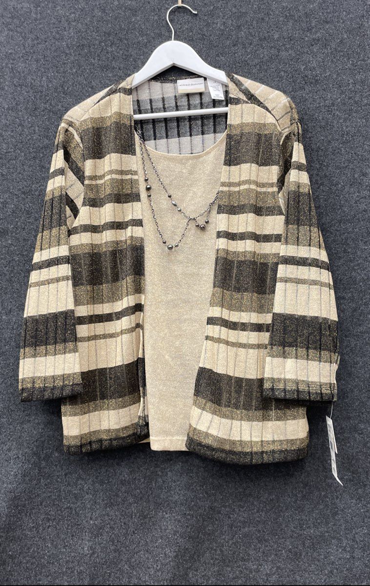 Alfred Dunner Women's Gold Black Stripe Metallic Cardigan Top Set NWT Sz 1X