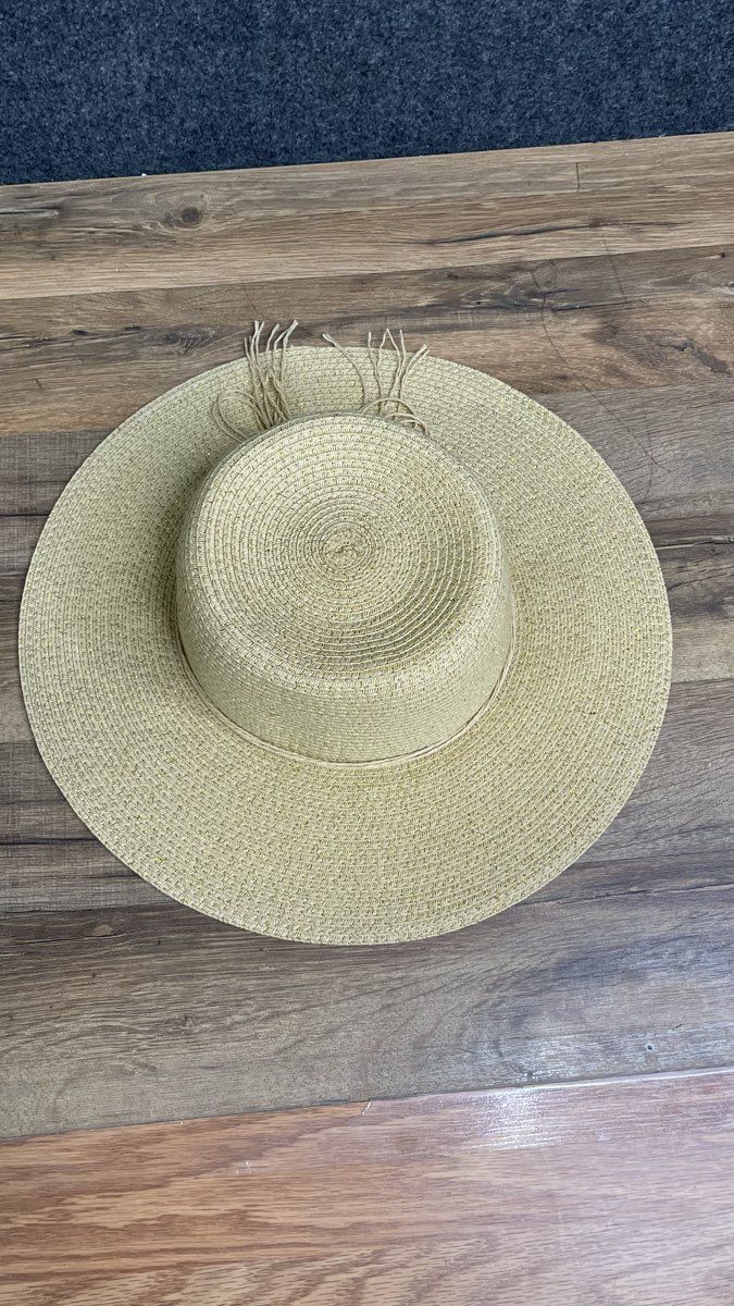 Fair Weather Women's Wide Brim Sun Hat Tan Gold Metallic Straw Boater One Size