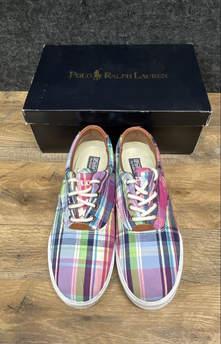 Polo Ralph Lauren Vaughn Pink Multi Plaid Canvas Sneakers Size 5.5 Junior